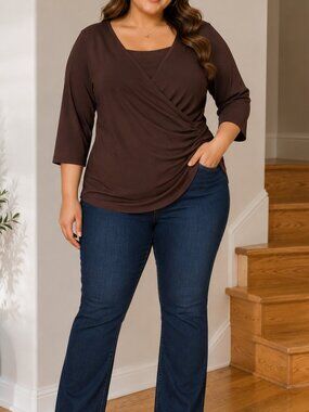 Harvé Benard Brown Faux Wrap Surplice Top Size L